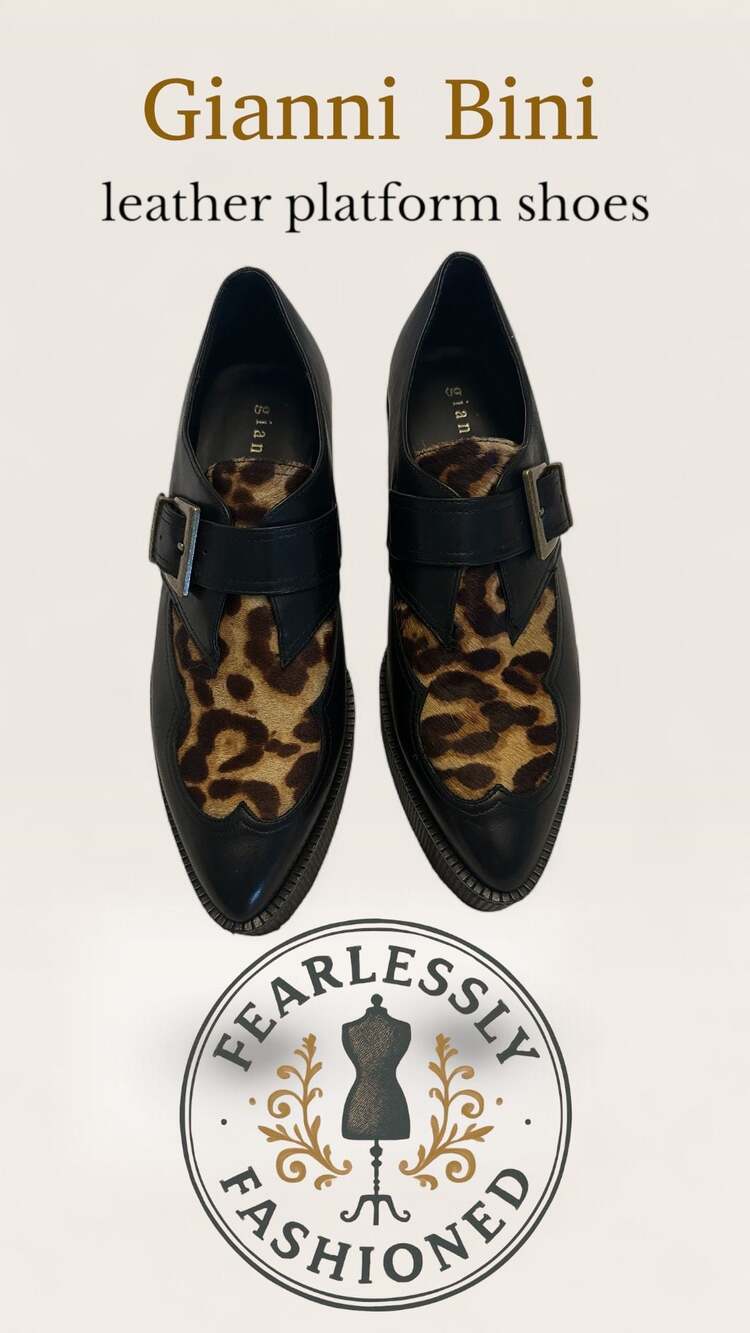 Gianni Bini Black and Brown Leopard Print Calf Hair Leather Platform Shoes
